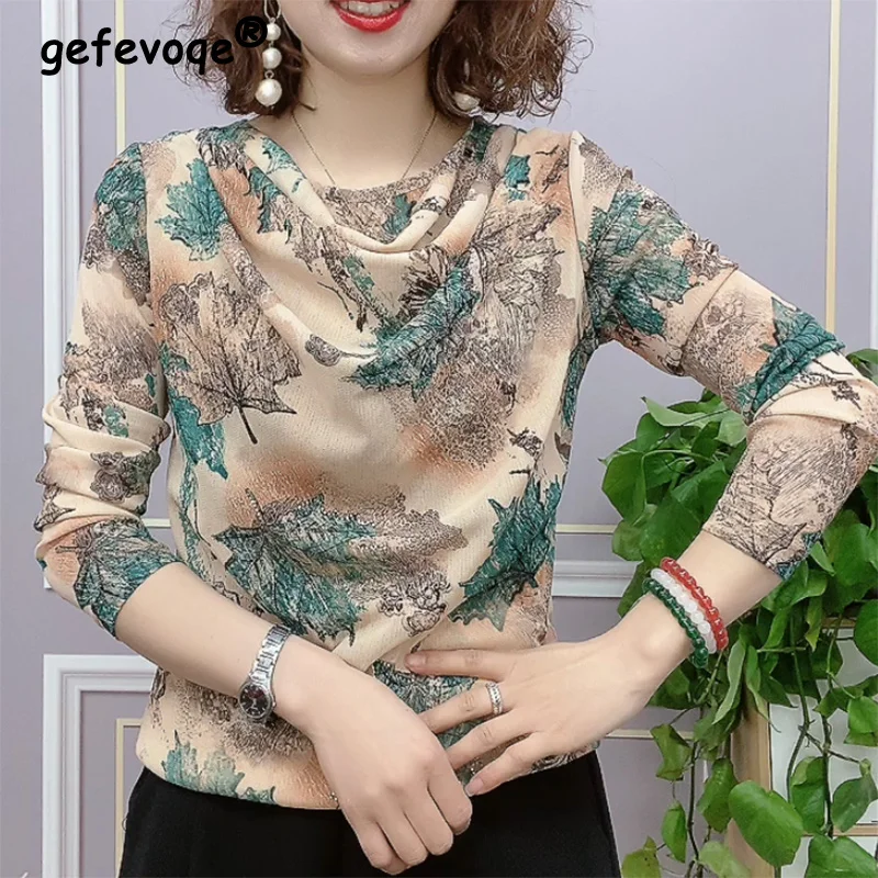 

Spring Summer Oversized Printed Long Sleeve Pullover Tees Women's Loose Casual Fashion All-match Mesh Top T-shirt Female Clothes