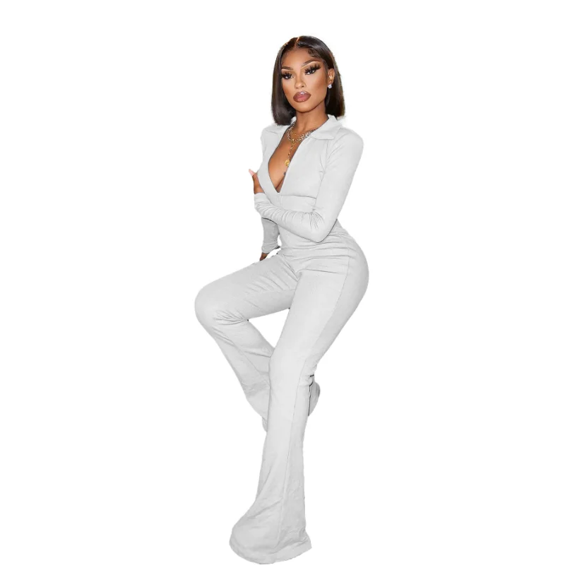 WSFEC 2023 Spring Fashion Jumpsuits Women Clothing Long Sleeve Deep V Neck Solid Bodycon Wide Leg Long Romper Female Bodysuits