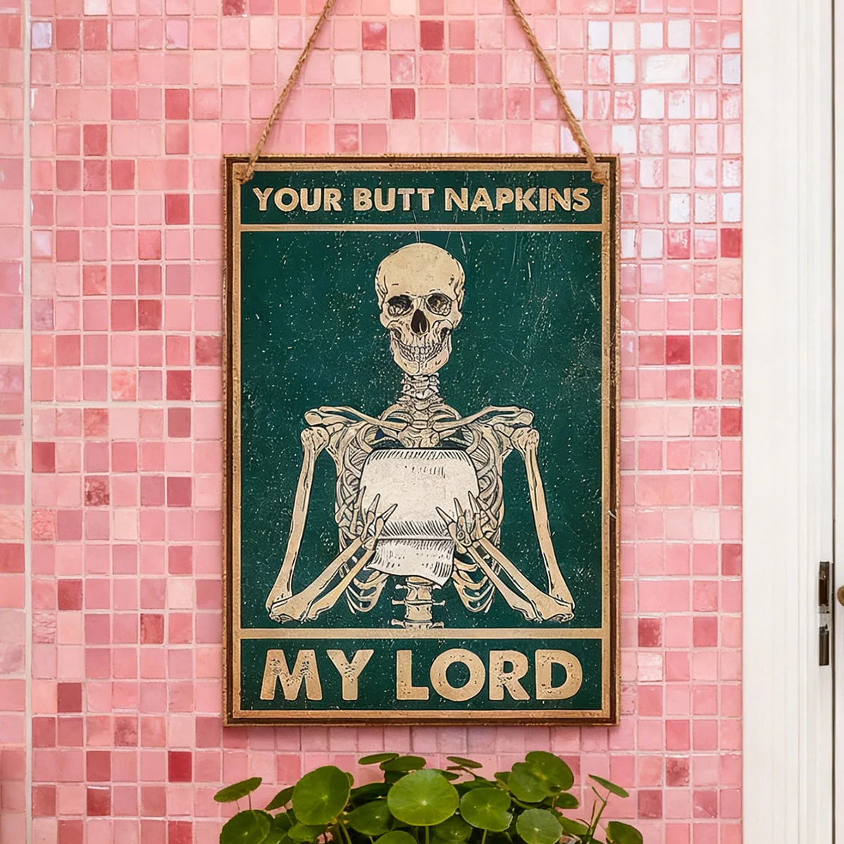 1PC, modern creative skull holding a tissue paper pattern decorative sign, wooden material home decoration sign