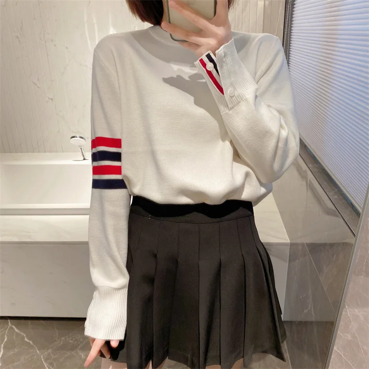 

Spring TB sweet bean red and blue striped sweater four-bar round neck pullover sweater top for men and women