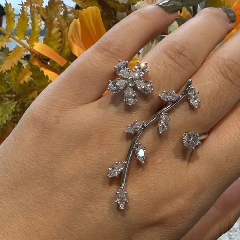 XSBODY Leaf Ring Flower Adjustable for Women Decoration Cubic Zirconia  Fashion Bridal Prom Bling Wedding Jewelry Bride Luxury - AliExpress, image size:1000x1000