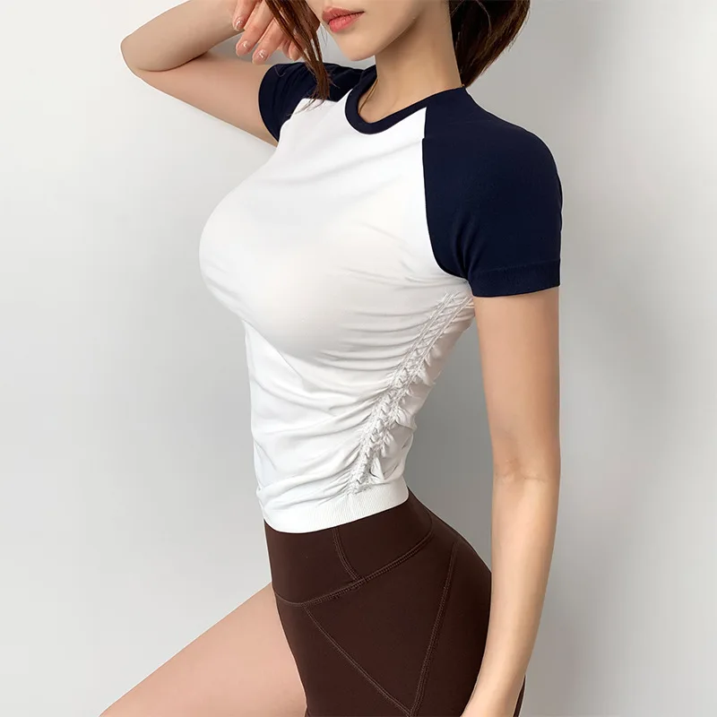 Mileegirl Short Sleeves Yoga T Shirts for Women, Sides Pleated Sports Vest, Quick Drying Gym Fitness Top, Workout Running Shirts 5