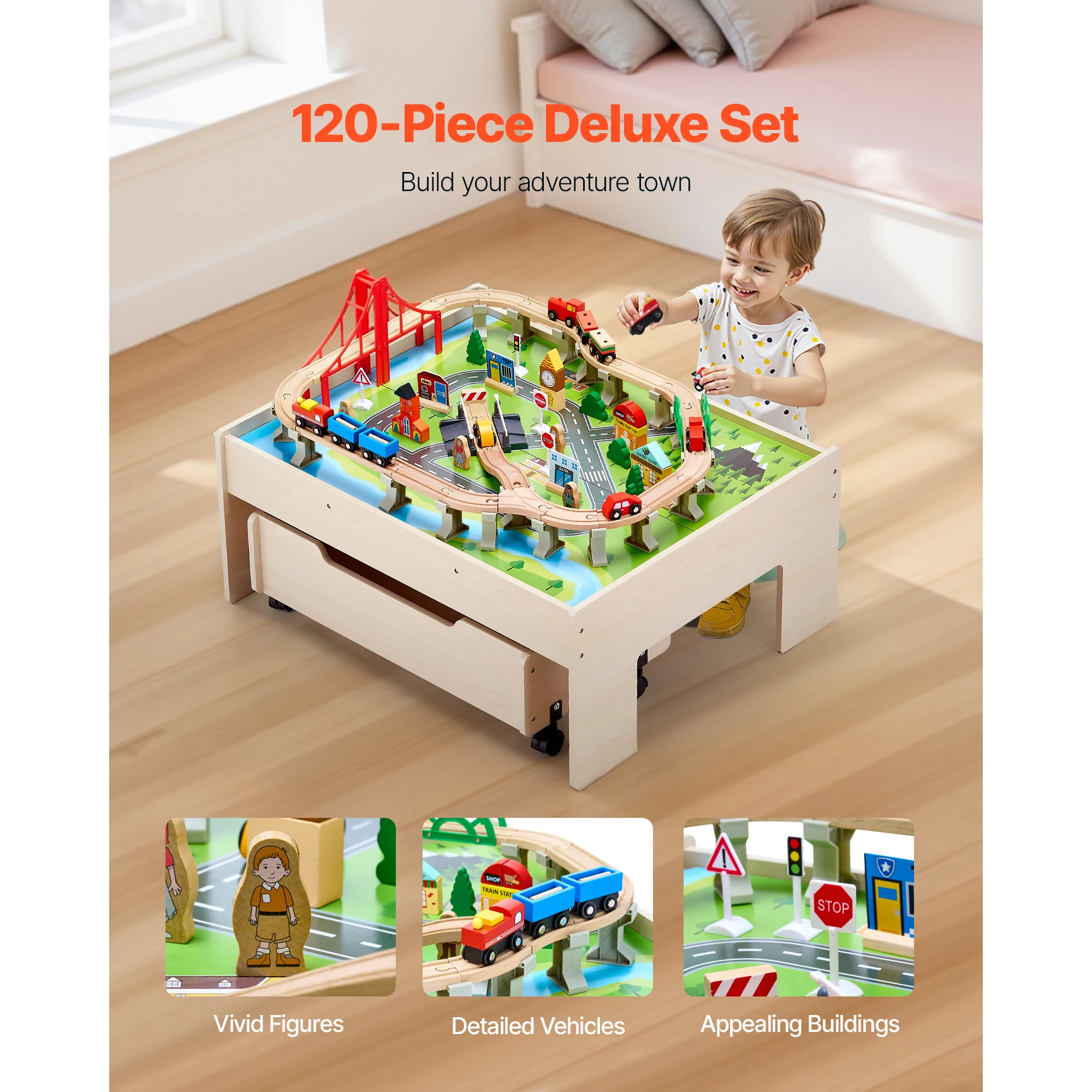 Wooden Multicolor Kids Train Table with Rolling Drawer
