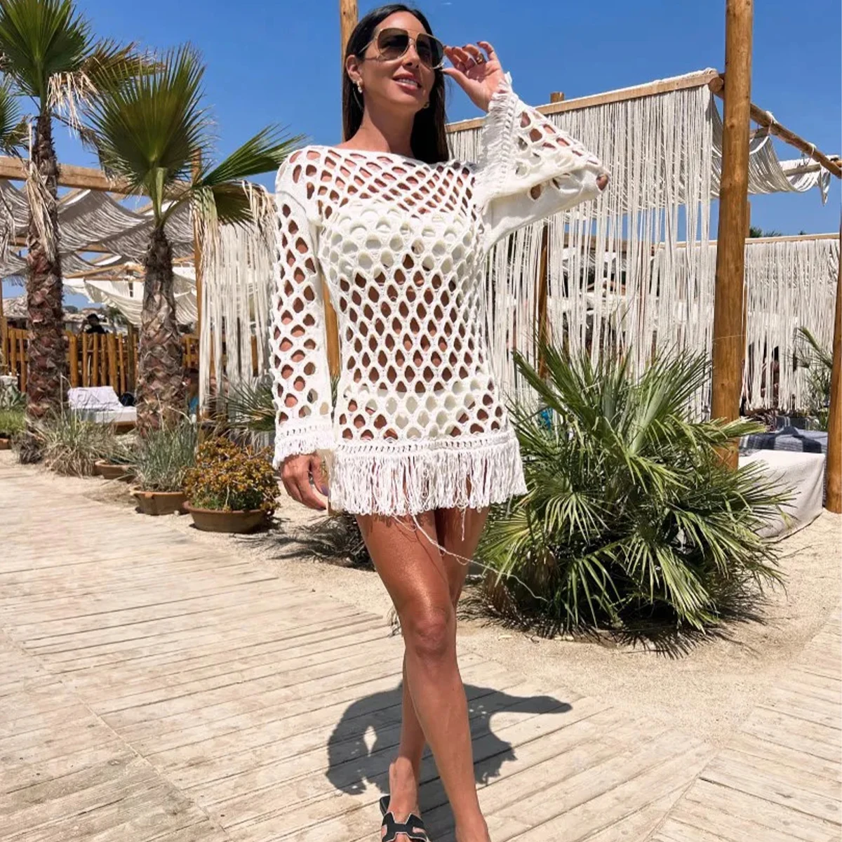 Beach Cover Up Bikini Crochet Knitted Tassel Tie Beachwear Summer Swimsuit Cover Up Sexy See-through Beach Dress beach cover