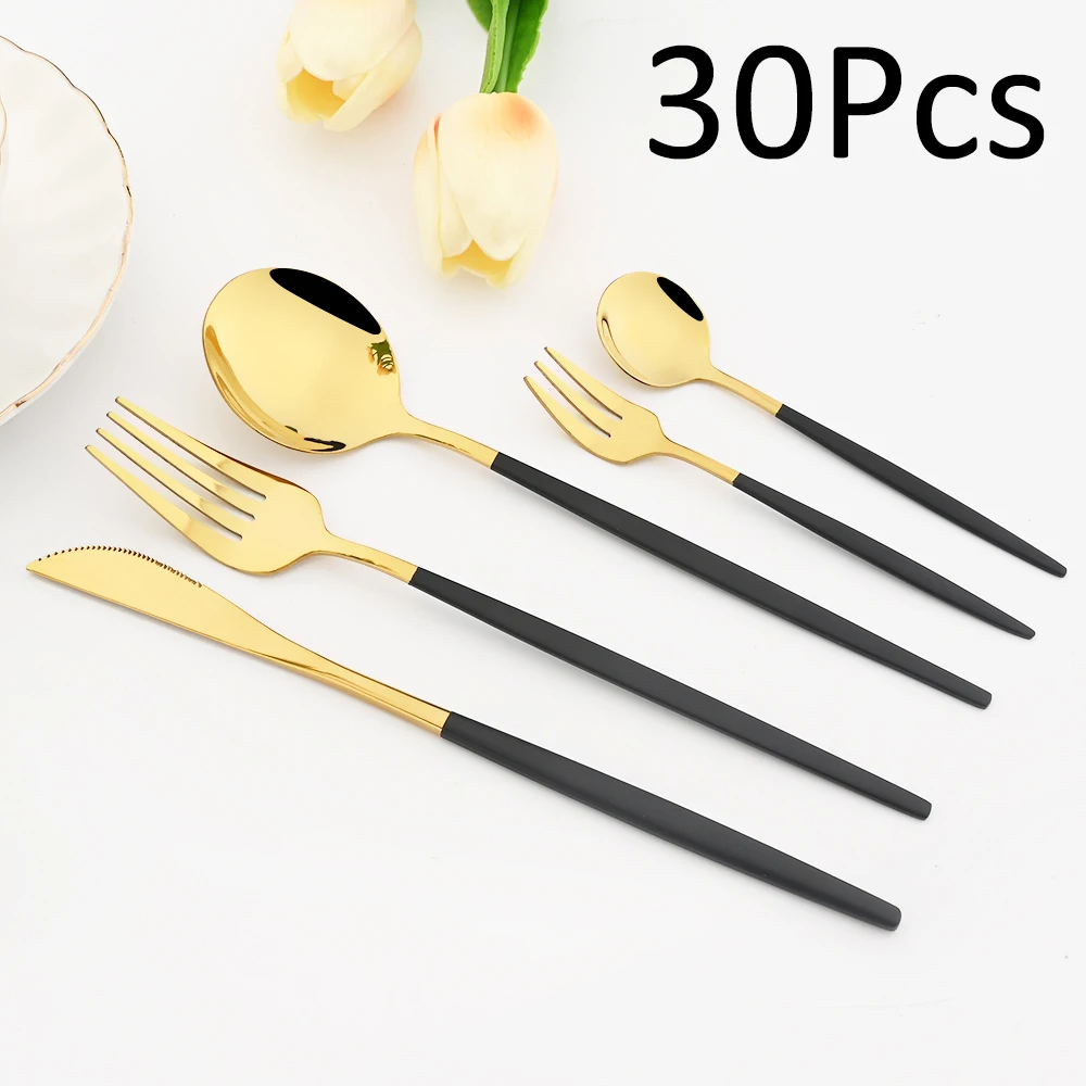 

24/30Pcs Black Tableware Dinnerware Set Knife Fork Dessert Fork Coffee Spoon Flatware Stainless Steel Cutlery Kitchen Silverware