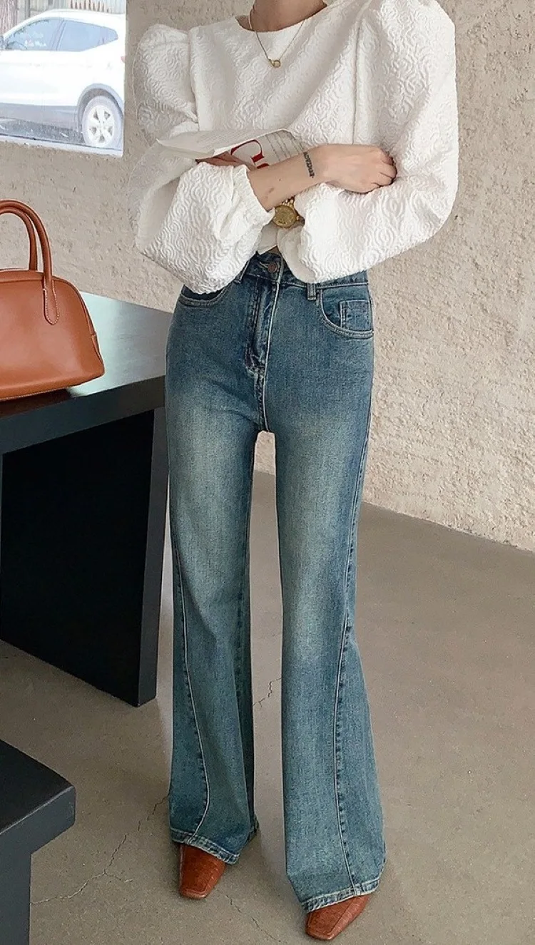 2023 High Waist Micro Raked Jeans Women's New Retro Blue Water Wash Loose Show Thin Elastic Horseshoe Pants Flared Trousers