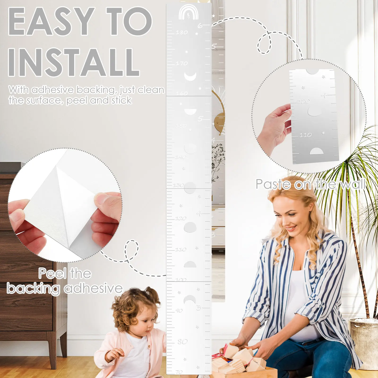 4Pcs Acrylic Wall Mirror with Growth Chart Children's Growth Height Ruler Home Decor Wall Mirror Stickers for Kids Room Nursery