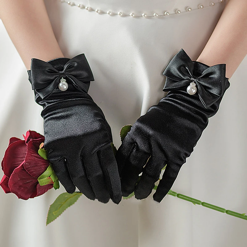 1 Pair Bride Short Gloves Elegant Bow Knot Pearl Pendant for Wedding Opera Dinner Party Elastic Satin Tea Party