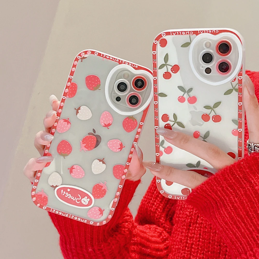 Lovely Cherry Strawberry Phone Case For iPhone 11 12 13 Pro Max XR XS Max X Love Heart Camera Protection Clear Silicone Bumper 13 pro max case