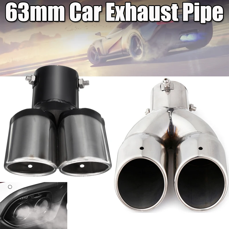 63mm Universal Car Muffler Exhaust Pipe Double Outlet Stainless Steel