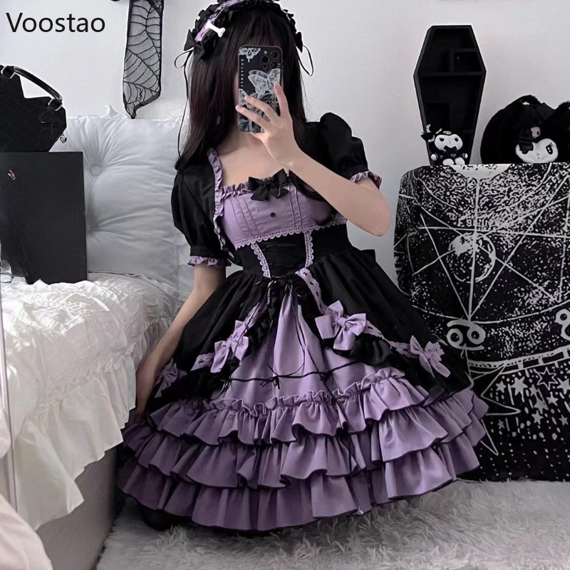 Victorian Vintage Lolita Dress Women Gothic Y2k Puff Short Sleeve Laminated Flounces Mini Dresses Bow Ruffles Princess Vestidos images - 6