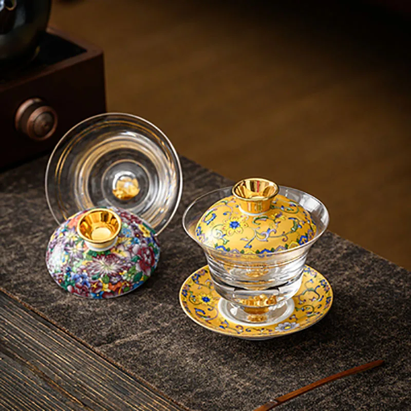Anti-scald Thickened Glass Tureen, Tea Cover Bowl with Lid, Sancai Gaiwan, Hand Painted Shining Cover Bowl, Chinese Kungfu Tea
