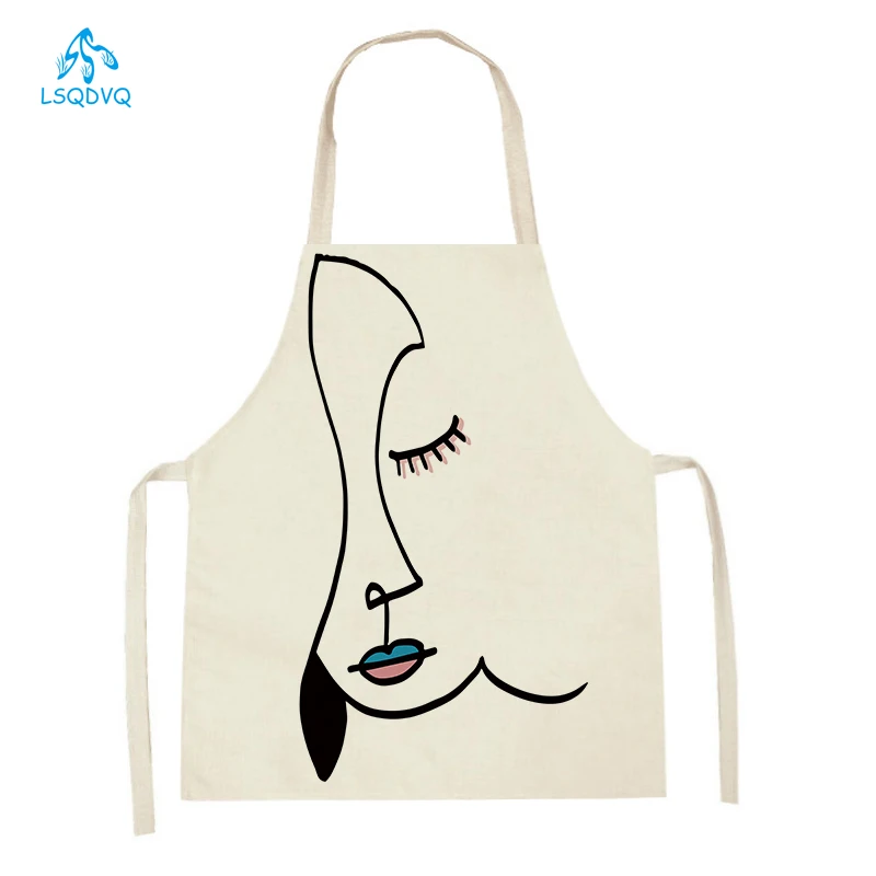 

Women Men Household Cleaning Pinafore Abstract Character Printed Home Cooking Aprons Baking Accessories Waist Bib