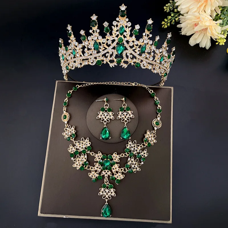 Baroque Vintage Green Crystal Bridal Jewelry Sets Rhinestone Tiara Crown Stud Earrings Choker Necklace Wedding Dubai Jewelry Set