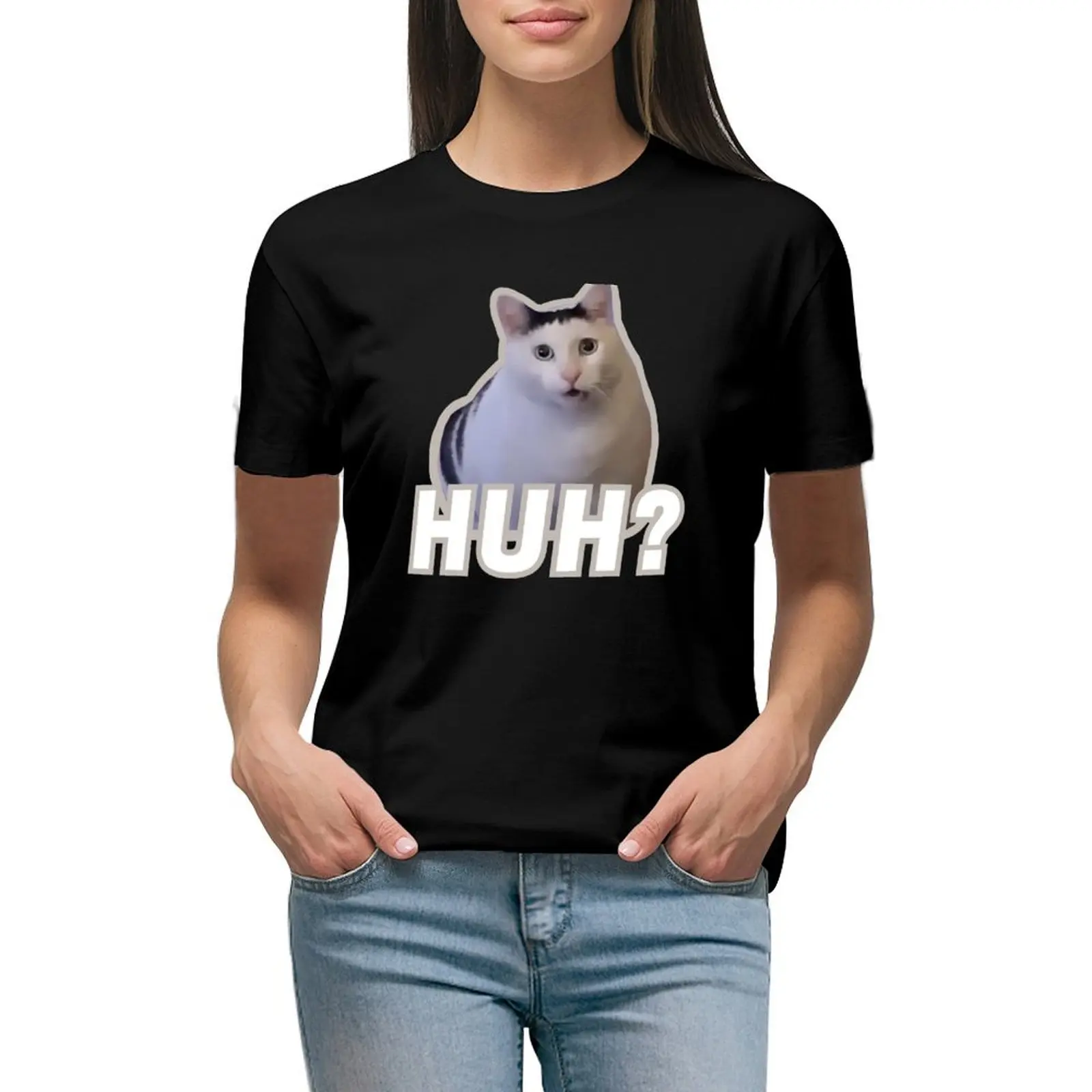 

Huh cat meme Huh T-shirt aesthetic clothes graphics black t shirts for Women