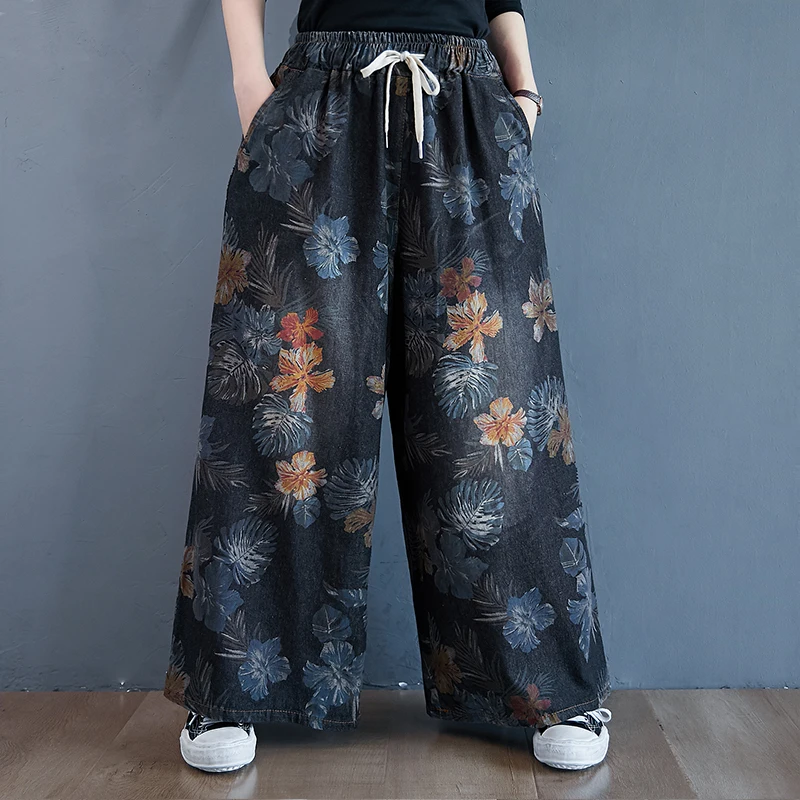 

Japanese Style High Waist Washed Print Floral Vintage Loose Spring Casual Jeans Fashion Women Autumn Wide leg pants trouser