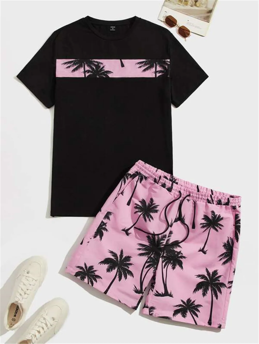 

3D Coconut Tree Leaves Pattern PrintingY2K Summer Fashion Round Neck T-Shirt Shorts Y2K CasualSet Street WearTrend Men'sClothing
