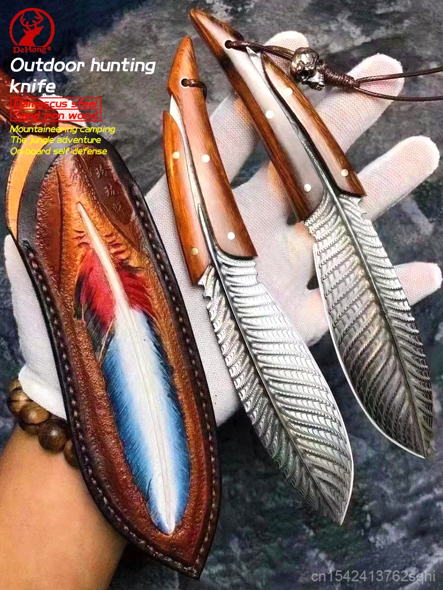Damascus bone blade • Multicolored feather pattern outdoor knife Jungle