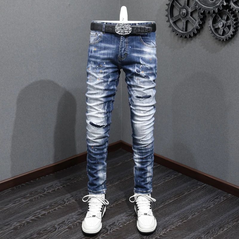 Street Fashion Men Jeans Retro Blue Plain Washed Painted Designer Elastic Slim Fit Ripped Jeans Men Patched Hip Hop Pants Hombre