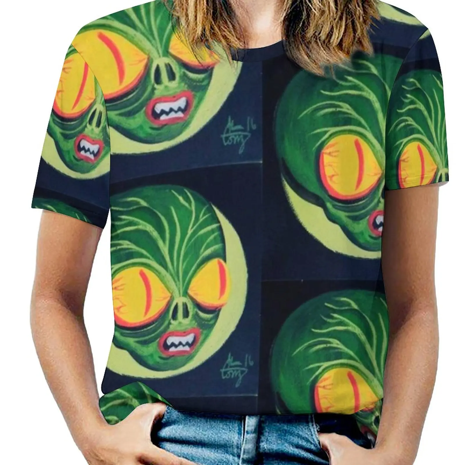 Space Guy T-Shirt Da Donna Girocollo Casual Manica Corta Top Estate Tees Retro Space Mars Marziano Robot Futuristico Rocket Ufo
