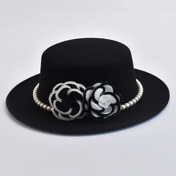 French Style Women's Pearl Chain Fedora Hat Autumen Winter Ladies Flat Top Felt Flat Top Hat