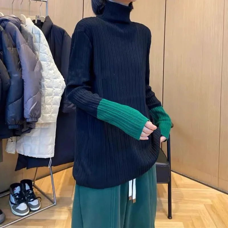 

2022 New Arrival Autumn Women Casual Loose Turtleneck Knitted Pullover All-matched Long Sleeve Patchwork Sweater P824