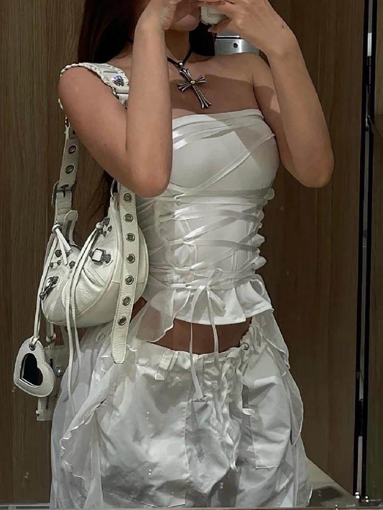 

Summer Tube Corset Y2K Lace Up Sexy Top Women Korean Fashion Streetwear White Strapless Backless Party Tank Tops 2023