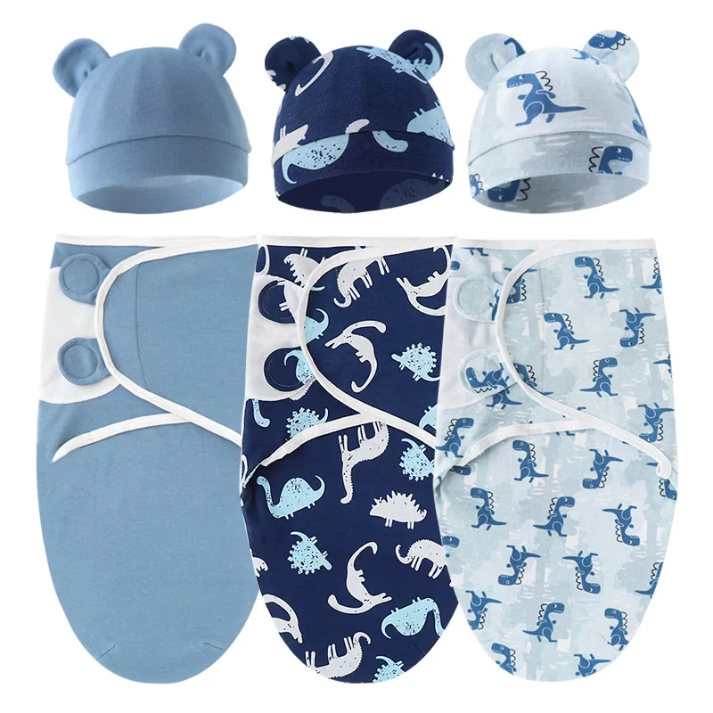 Baby Blanket Hat Set Cartoon Printed Cotton Newborn Swaddle Adjustable Infant Sleeping Swaddle Wraps All Seasons 0-6 Months
