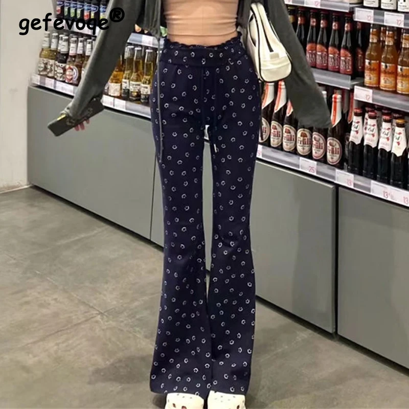 Vintage Korean Style Smile Print Y2K Harajuku Chic Trousers Female Spring Women's Casual Streetwear High Waist Slim Flare Pants vintage korean fashion tie dye high waisted stretch slim front split denim pants jeans skinny push up trousers female chic pants