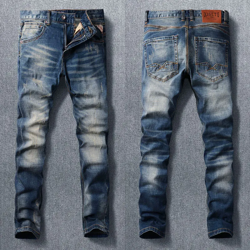 Fashion Designer Men Jeans High Quality Retro Blue Elastic Slim Fit Ripped Jeans Men Trousers Vintage Casual Denim Pants Hombre new high quality men jeans design fashion retro hole jeans straight slim ripped jeans brand casual mens denim trousers pius size