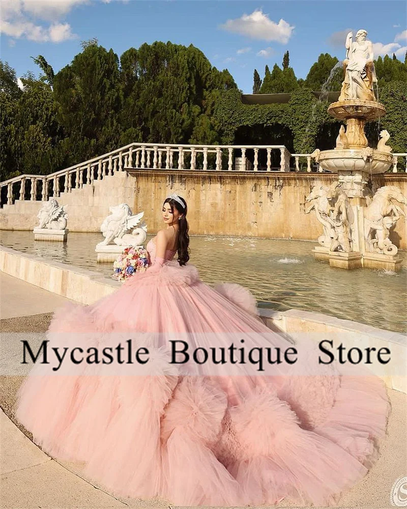 Luxury Pink Ruffle Pleats Long Train Quinceanera Dresses 2024 Princess Ball Gown Sweet 15 16 Birthday Gown Vestidos De 15 Anos