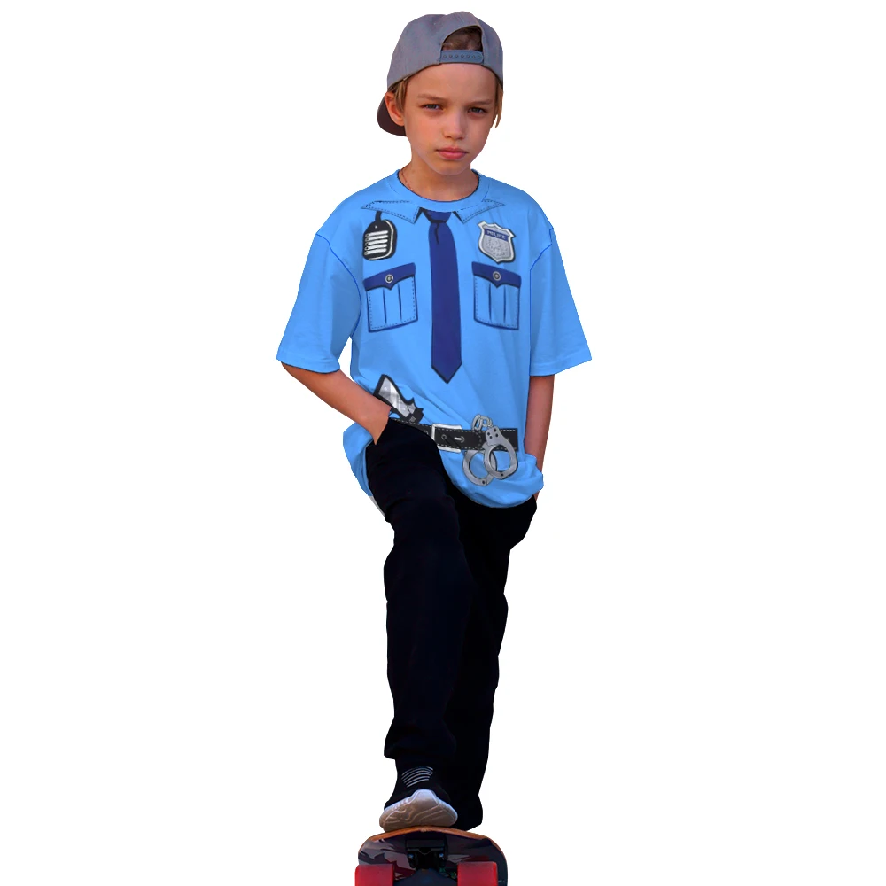 

Fun Summer Casual T-shirt, Cosplay Police Officer Professional Suit Kids Fashion Tops, Round Neck Harajuku Short Sleeve T-shirt