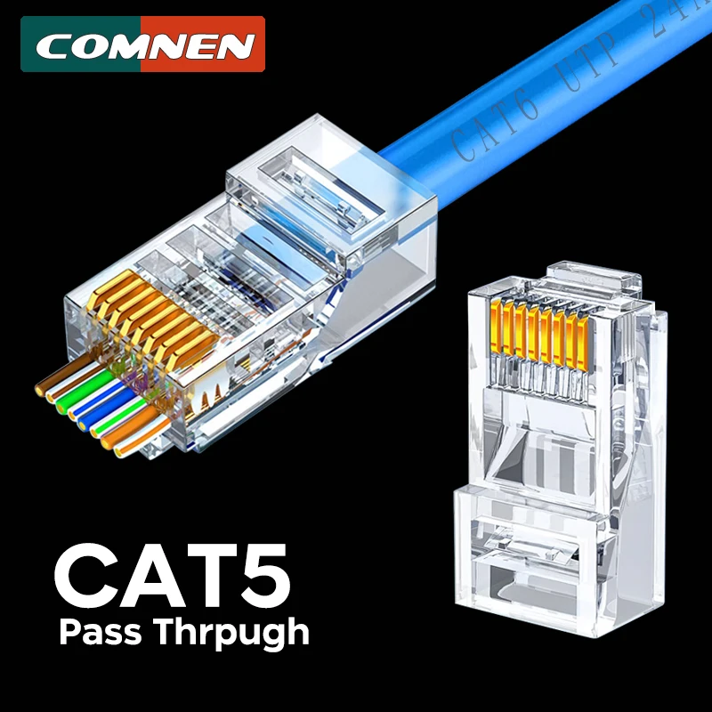 Ethernet Network Plug COMNEN CAT5E RJ45 Modular Plug Connector UTP Pass Through RJ45 Ethernet Connectors Crystal End Gold-Plated 8P8C Crimp Ethernet