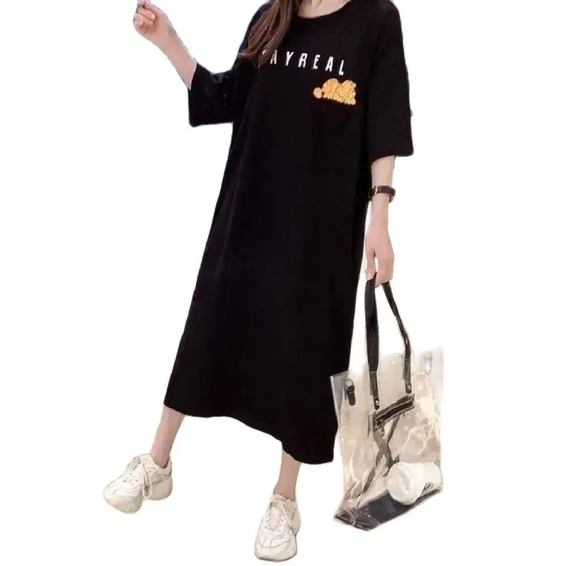 

Fashion Short-Sleeved Cartoon T-Shirt Dress Female KoreanSummer Dress For Women 2023 New Large Size Loose Long Maternity Dress