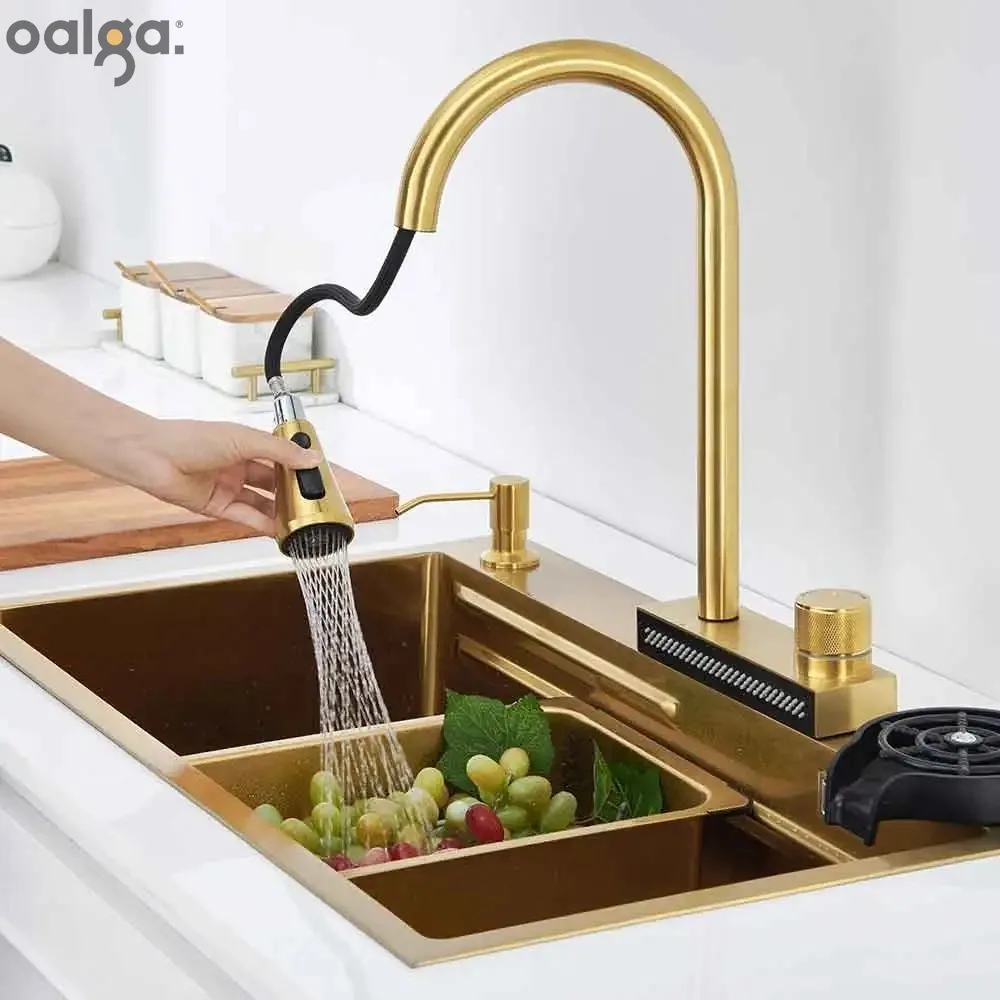 

Gold Kichen Sink Waterfall Faucet Nano Sink 304 Stainless Steel Golden Topmount Single Bowl Wash Basin with Chopping Board Sink