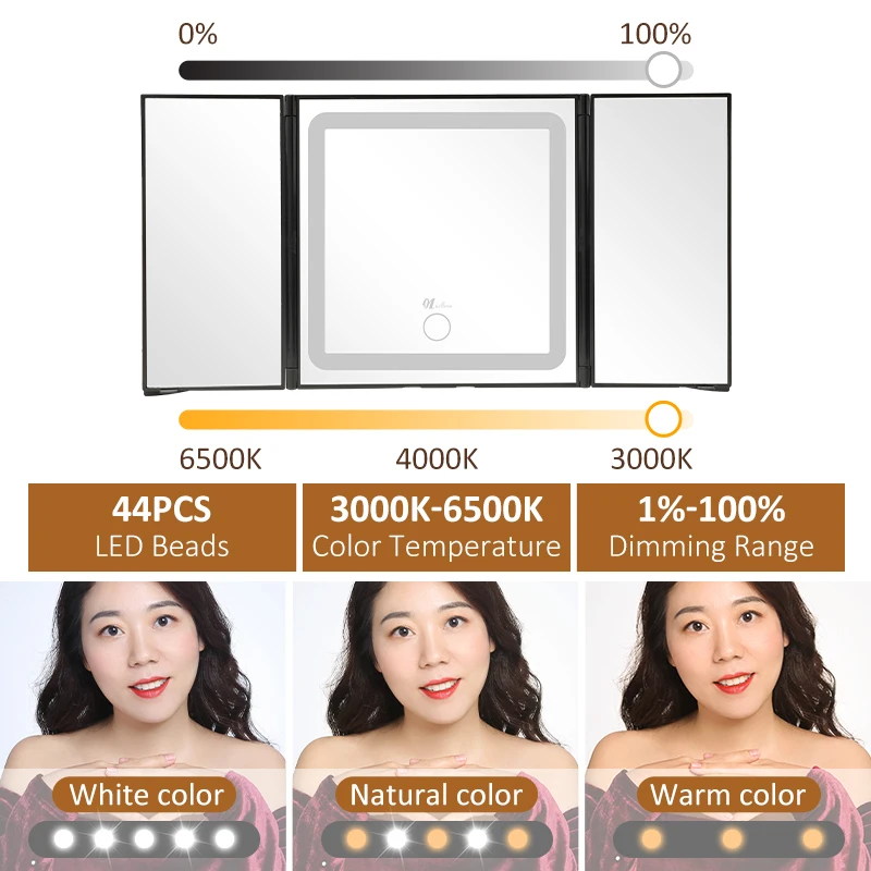 Car Sun Visor Makeup Mirror with LED Light USB Charging Trifold Vanity Mirror for Women, Portable Auto Interior Cosmetic