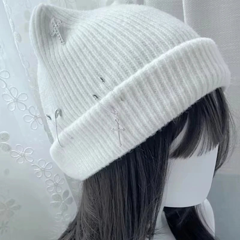Gothic Knitted Beanie Hat For Women Y2K Cat Ear Hat Handmade Crochet Skull Hat Female Teens Subculture Headwear_voghion.com