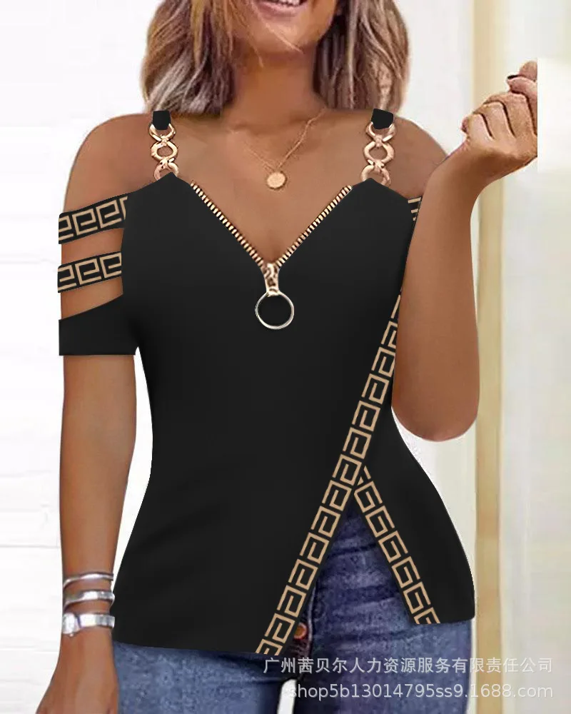 

Женский топ 2023, Летняя Повседневная Базовая Однотонная футболка на молнии с разрезом и открытыми плечами, топы, блузка для офиса