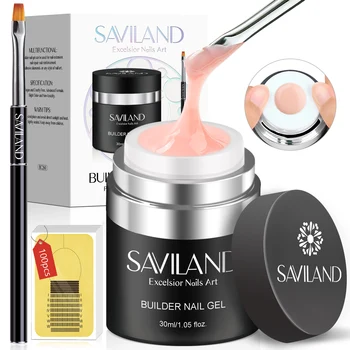 SAVILAND Builder Nail Gel Kit Nude Pink Hard Gel Nail Extension Gel with Air Cushion Design with 100pcs Nail Forms & Brushes