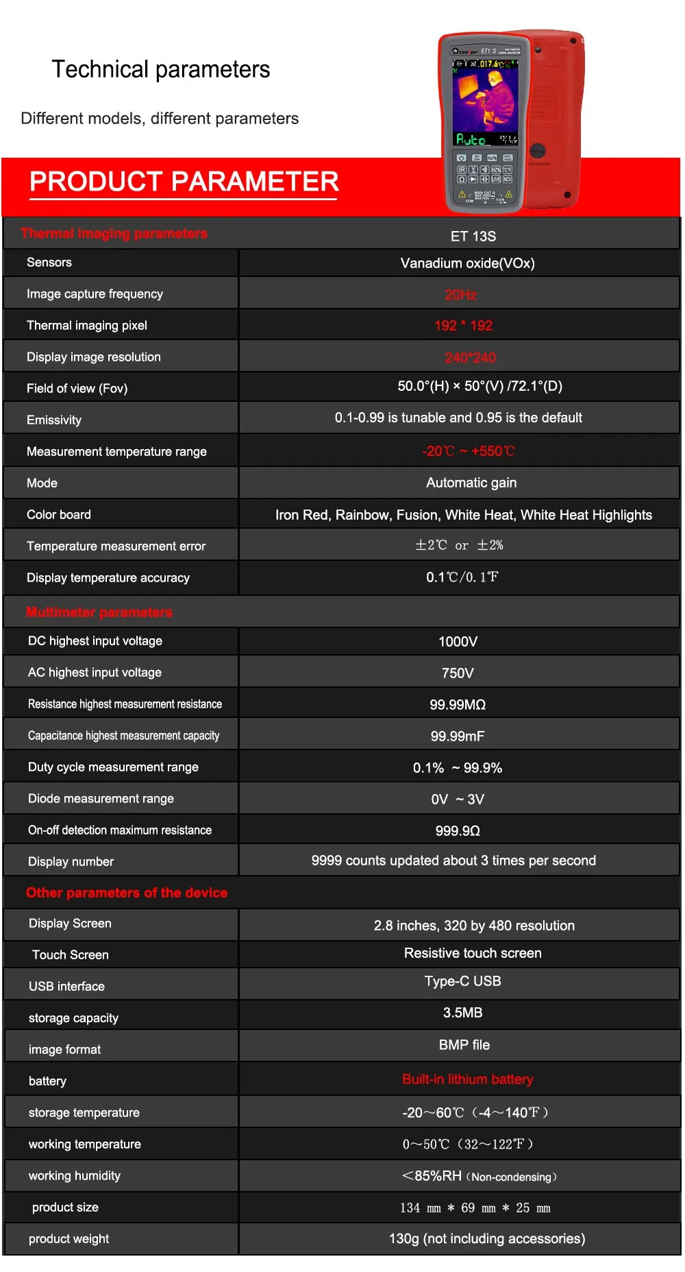 Description Picture 3 of item2In1 Thermal Camera Multimeter ET12S ET11S ET13S Touch Screen Electric Circuit Automobile Inspect IR Imager Multimeters