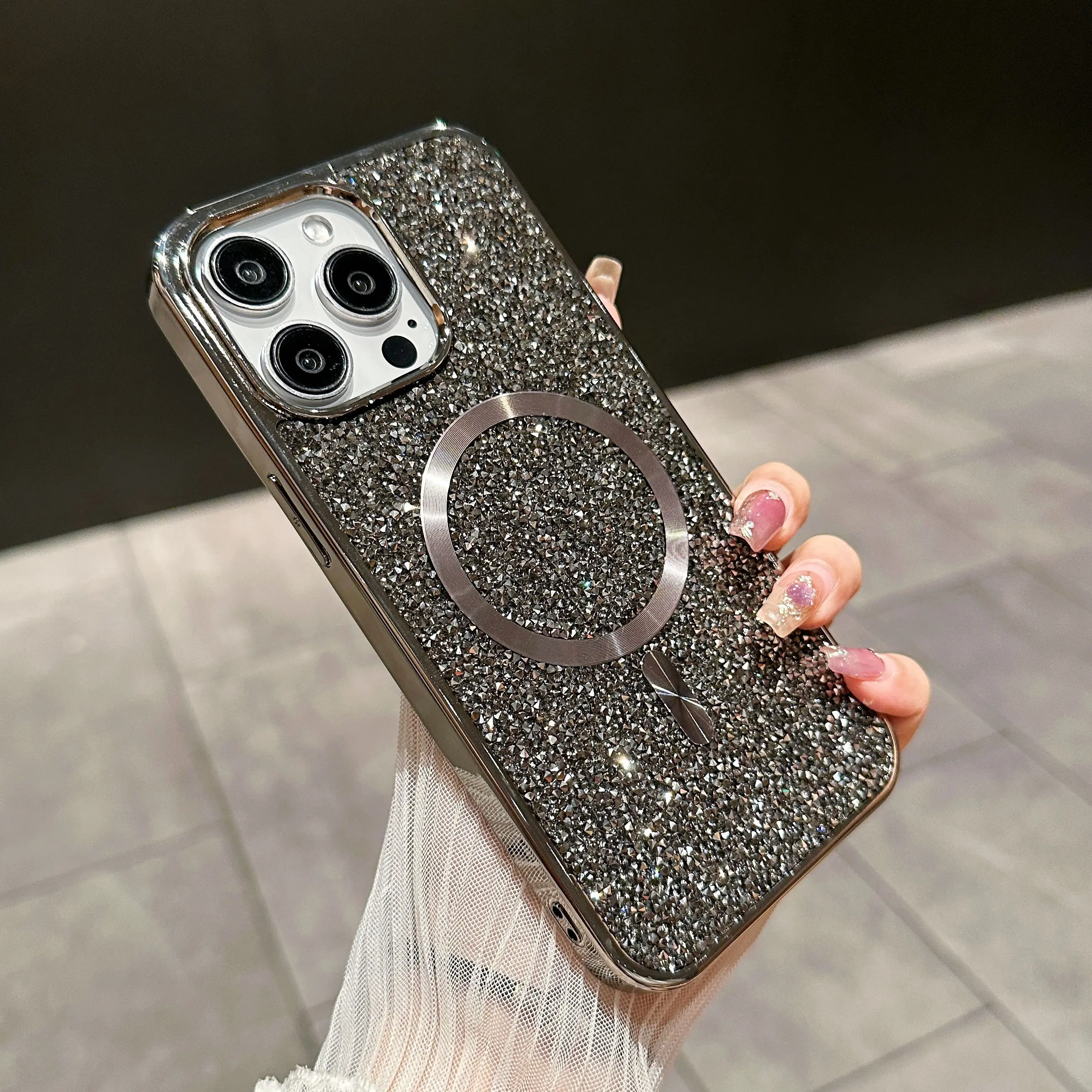 Glitter Shining Diamond Plating Slim Phone Case with Wireless Charging and Magnetic Back Cover
