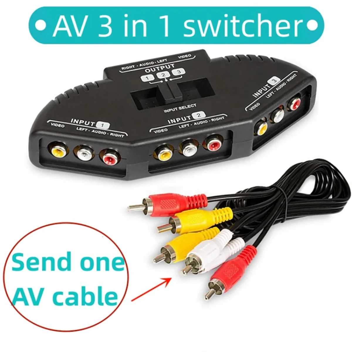 Audio Switcher 3-Way Audio Video AV Switch Selector Box Splitter Switch W/ Cable for TV X-Box DVD Player Devices