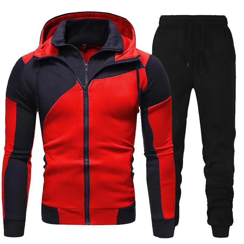 Fashion Double Zipper Splicing Hooded Sweatshirt Men's Casual Sports Suits Elasticated Waist Pants Male Slim Fit Two-piece Sets
