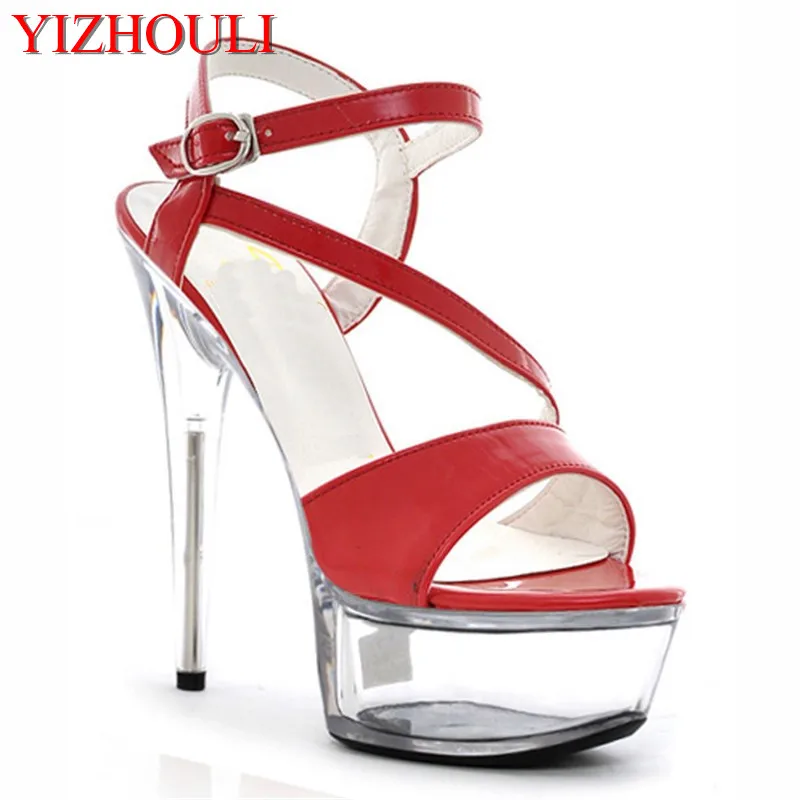 

Sexy party high-heeled sandals with ankle strap for summer fashion, open toe with thick sole, 15cm dance shoes