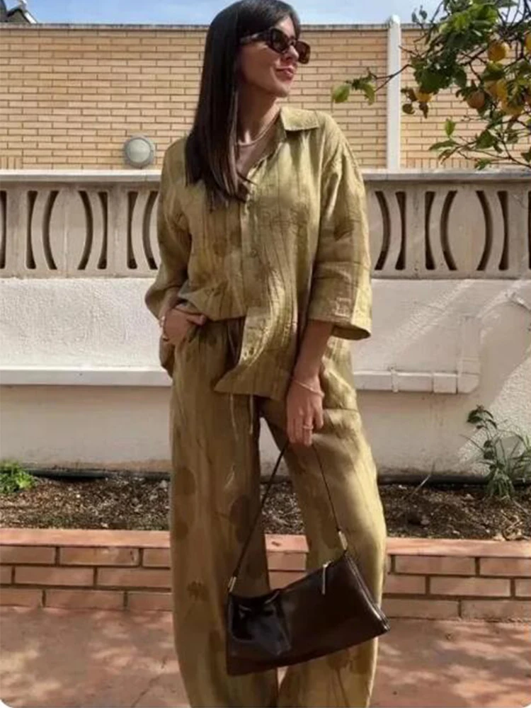 TFMLN Women's Fashion Two Piece Set Loose Jacquard Shirt 2024 High Waist Trousers Set Lapel Half Sleeve Shirt Wide Leg Pants