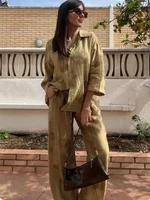 TFMLN Women's Fashion Two Piece Set Loose Jacquard Shirt 2024 High Waist Trousers Set Lapel Half Sleeve Shirt Wide Leg Pants - Image 2