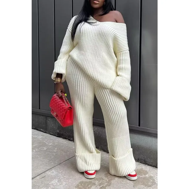 Knitted Solid Loose Casual 2 Piece Set Women Autumn Winter V-neck Full Sleeve Fashion Sweaters High Waist Pants Trend Streetwear