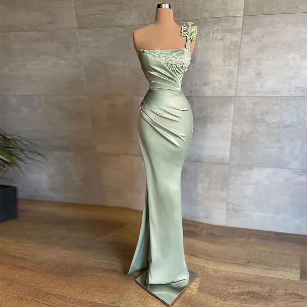 

Light Green Evening Dresses Women's Elegant Off-The-Shoulder Sleeveless Satin Pleated Applique Princess Prom Formal Party Fashio