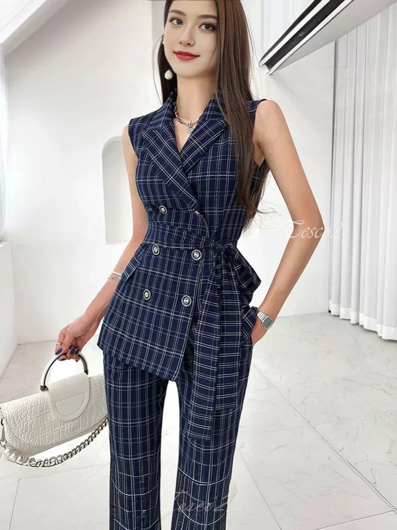Tesco Office Work Suit Sets For Women 2 Piece Sleeveless Blazer Vest With Lace-up Slim Fit Plaid Pantsuit For Women Summer 2024