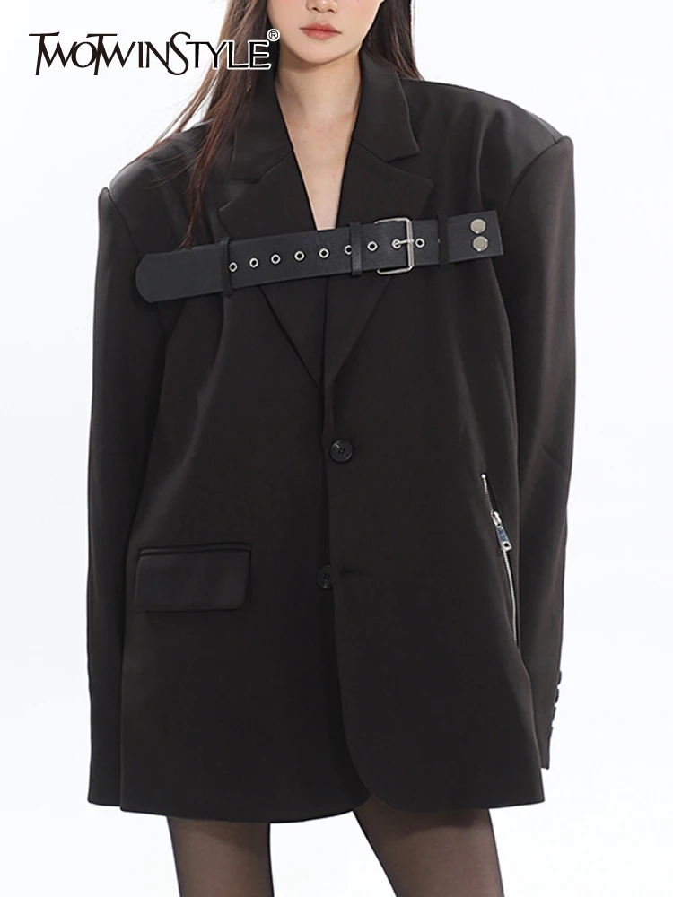 

TWOTWINSTYLE Solid Patchwork Belt Blazer For Women Notched Collar Long Sleeve Spliced Single Breasted Chic Blazers Female New